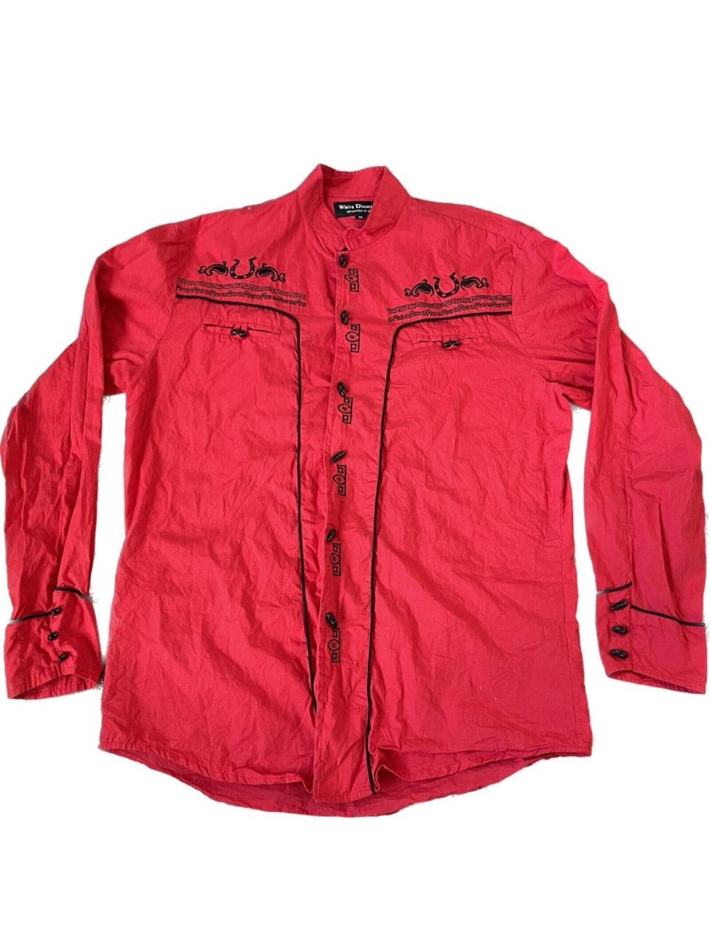 WHITE DIAMONDS EMBROIDERED WESTERN SHIRT Red Black Horseshoes USA Mens Medium